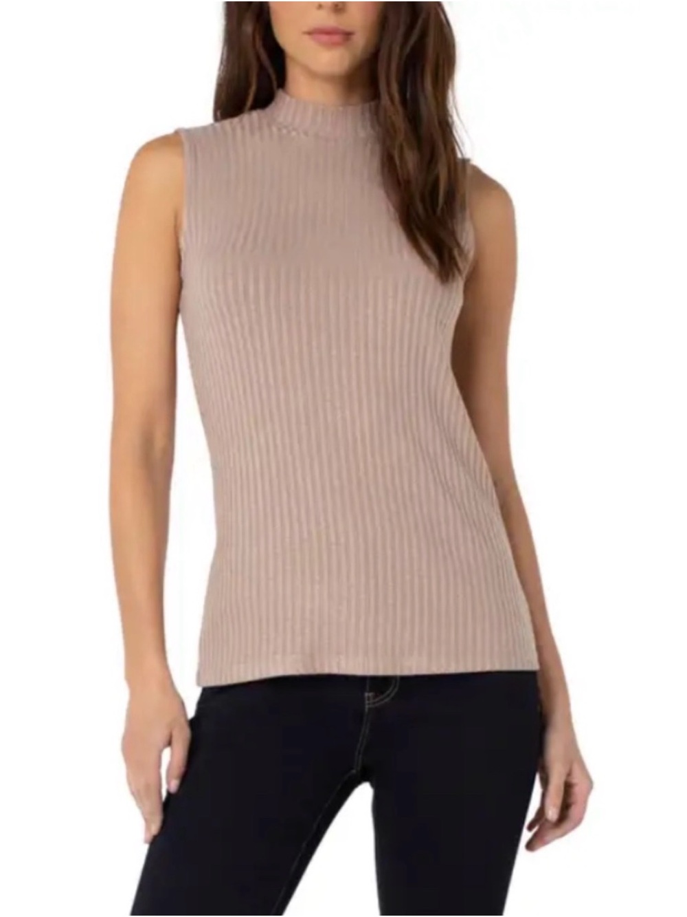 Liverpool Ribbed Sleeveless Mock Neck Tank in Taupe
